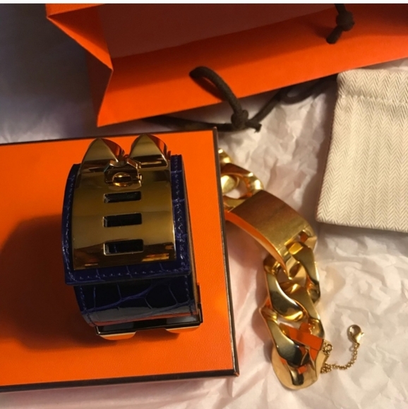 Authentic Hermes Collier de Chien Mississippi Blue Croc Alligator Cuff - Picture 12 of 16